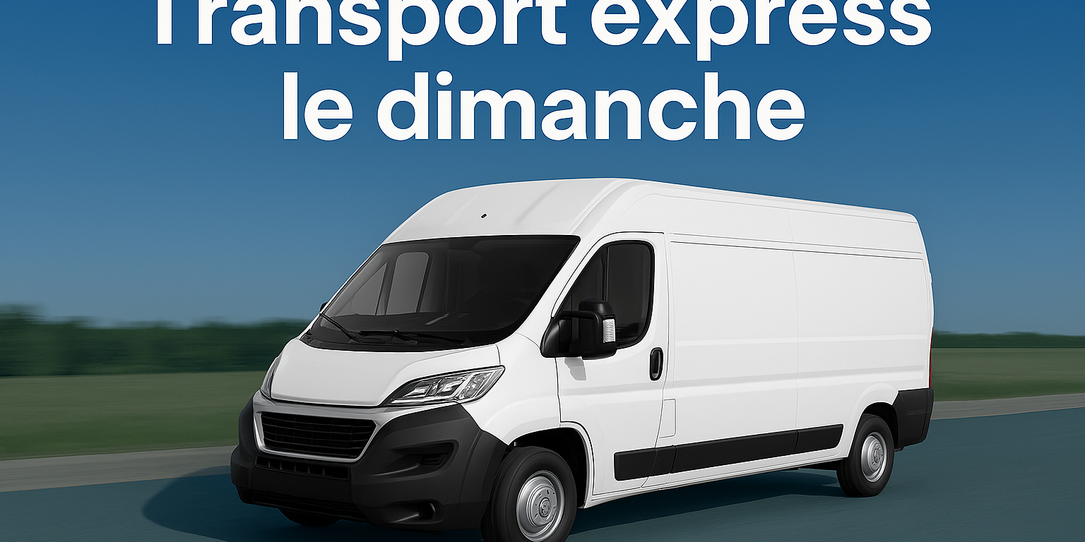 Camion express transportant des colis, palettes et pièces détachées, avec un fond dynamique illustrant Paris, Marseille, Madrid, Bruxelles et Francfort. Texte 'Transport express le dimanche' et www.UrgenceTransport.fr.