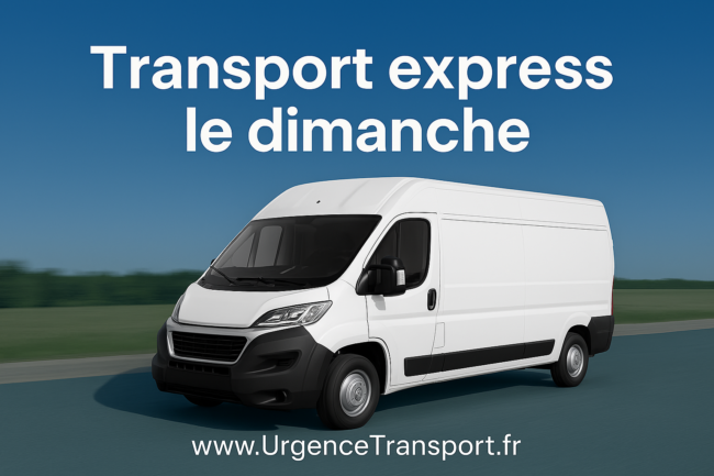 Camion express transportant des colis, palettes et pièces détachées, avec un fond dynamique illustrant Paris, Marseille, Madrid, Bruxelles et Francfort. Texte 'Transport express le dimanche' et www.UrgenceTransport.fr.