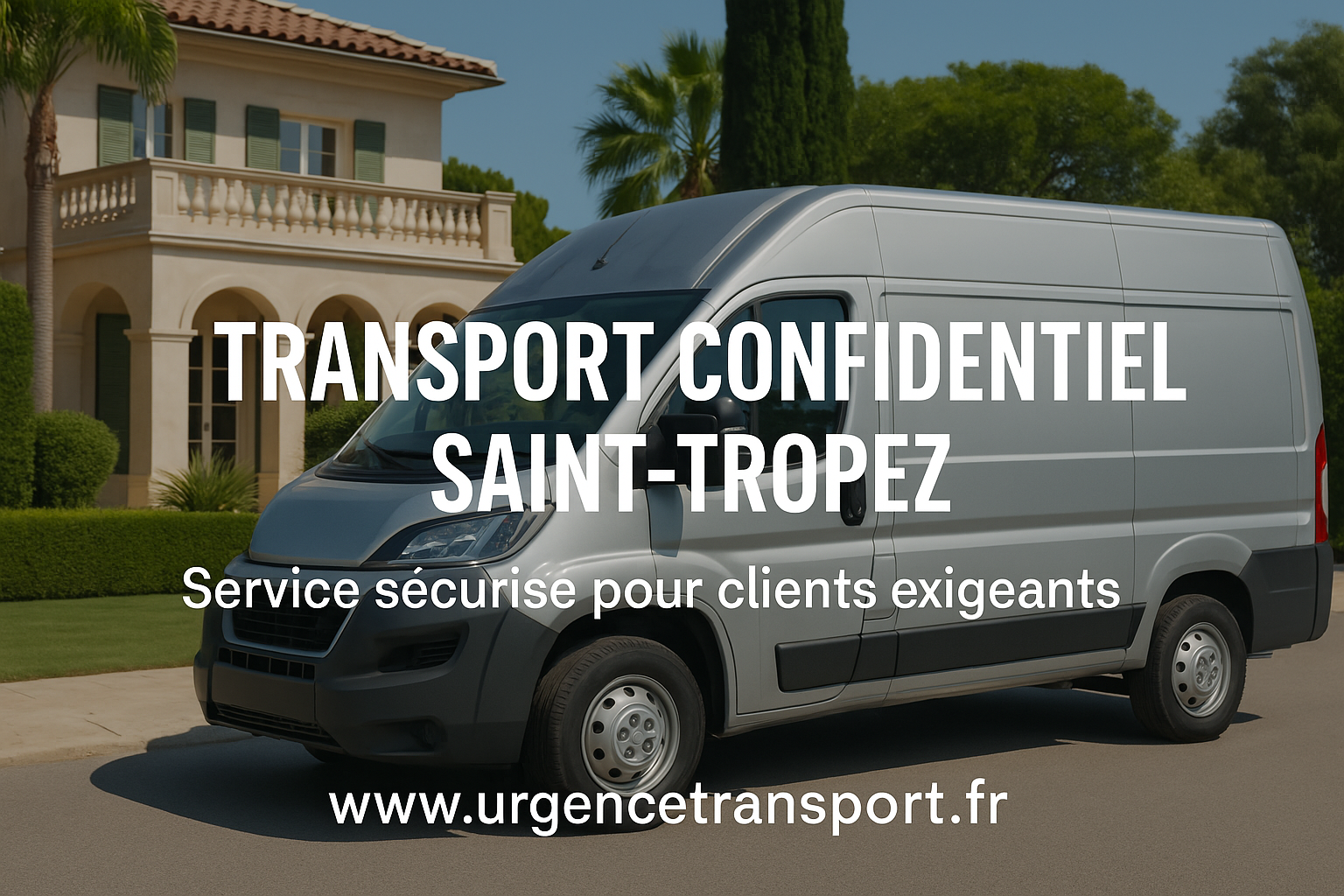 Fourgon de transport confidentiel stationné devant une villa de luxe à Saint-Tropez – Service discret pour clients exigeants
