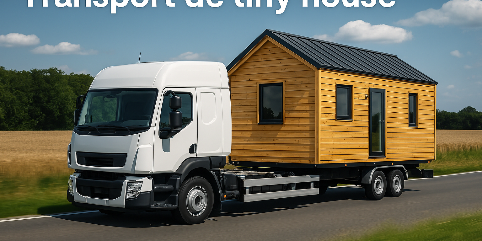 Camion tractant une tiny house, avec texte 'Transport de Tiny House' et le nom de domaine www.UrgenceTransport.fr