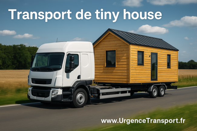 Camion tractant une tiny house, avec texte 'Transport de Tiny House' et le nom de domaine www.UrgenceTransport.fr