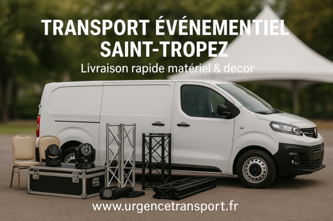 Fourgon de transport événementiel à Saint-Tropez avec matériel prêt à livrer – Éclairage, mobilier et structures pour événements