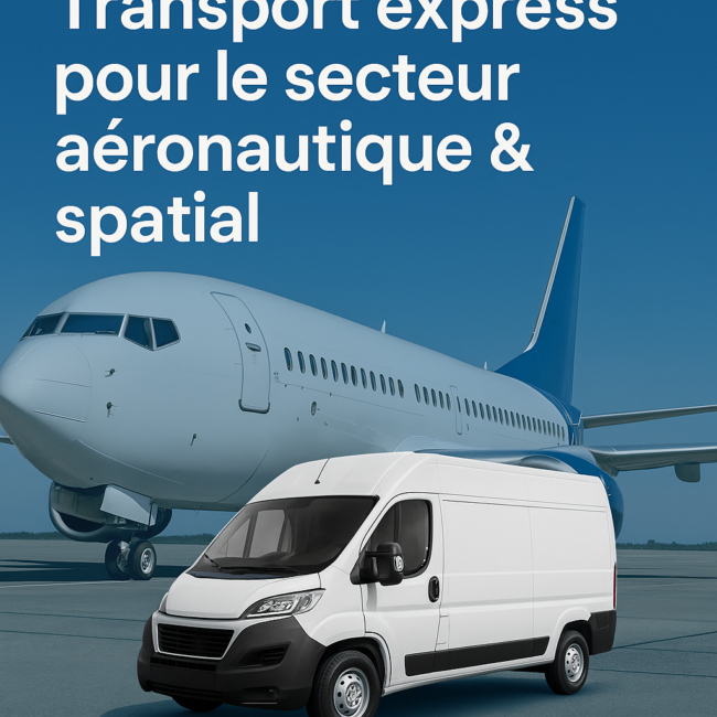 Transport express de pièces aéronautiques avec texte superposé 'Transport express aéronautique AOG' sur fond dynamique