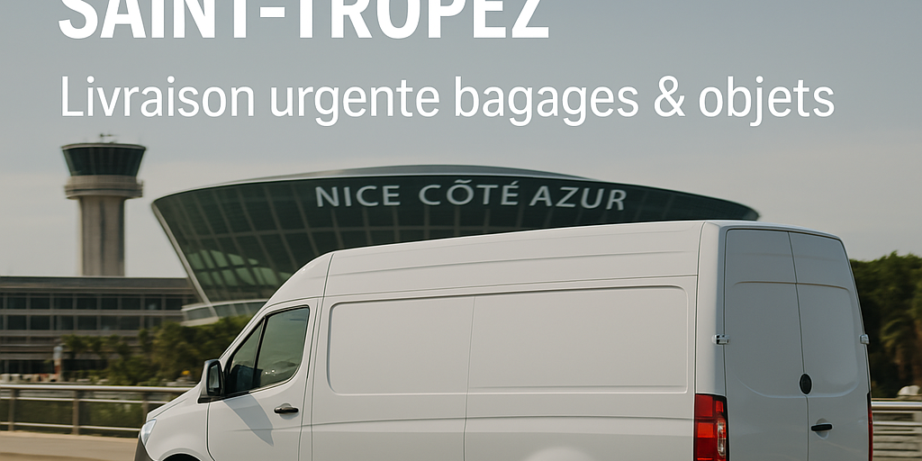 Fourgon de transport express devant l’aéroport de Nice Côte d’Azur – Livraison urgente vers Saint-Tropez avec UrgenceTransport.fr