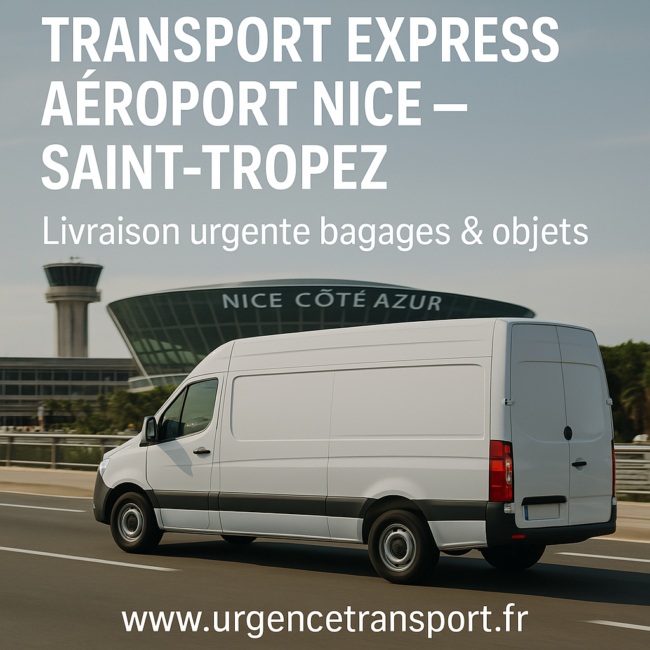 Fourgon de transport express devant l’aéroport de Nice Côte d’Azur – Livraison urgente vers Saint-Tropez avec UrgenceTransport.fr