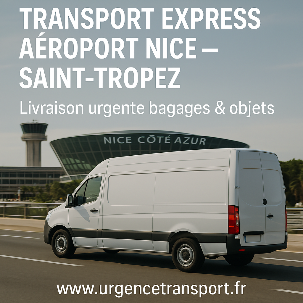 Fourgon de transport express devant l’aéroport de Nice Côte d’Azur – Livraison urgente vers Saint-Tropez avec UrgenceTransport.fr