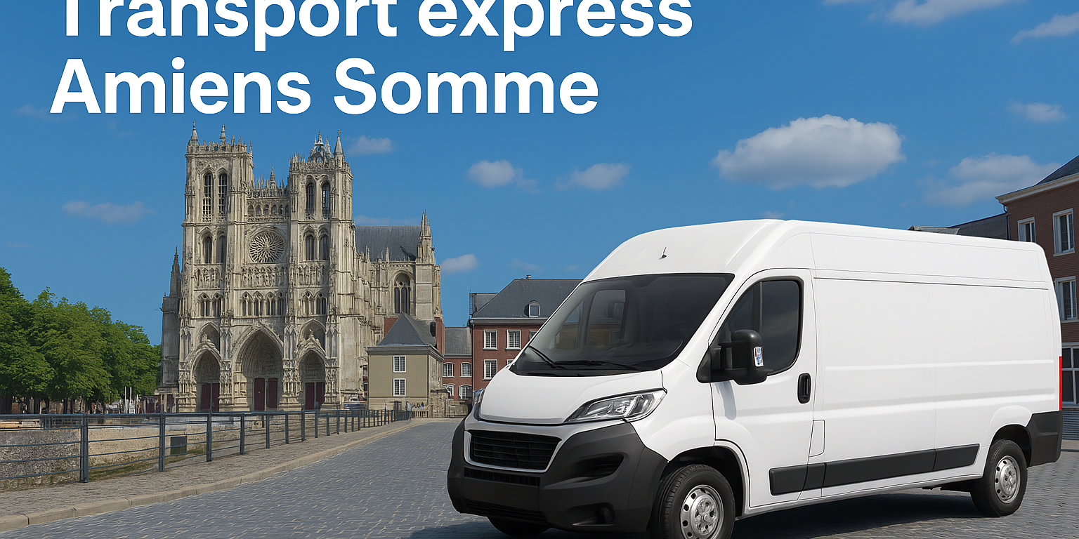Camion transportant un véhicule express avec fond dynamique représentant Amiens, texte en petit avec le nom de domaine www.UrgenceTransport.fr