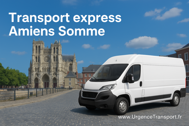 Camion transportant un véhicule express avec fond dynamique représentant Amiens, texte en petit avec le nom de domaine www.UrgenceTransport.fr