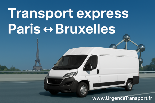 Camion express transportant des colis entre Paris et Bruxelles, avec le texte 'Transport express Paris ↔ Bruxelles' et le nom de domaine www.UrgenceTransport.fr