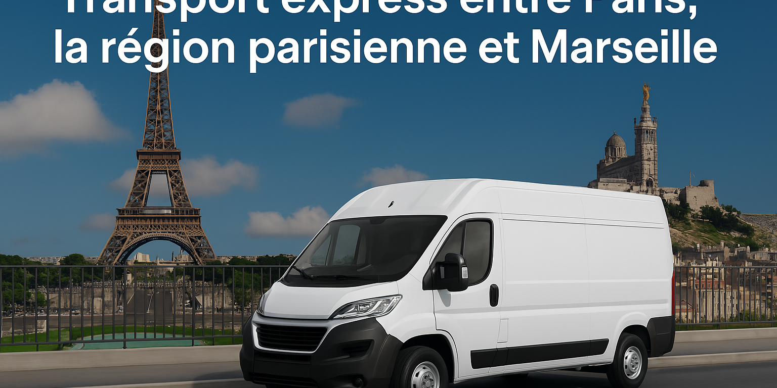 Camion transportant des colis, palettes et engins entre Paris et Marseille, avec texte en petit du nom de domaine www.UrgenceTransport.fr