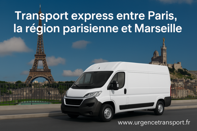 Camion transportant des colis, palettes et engins entre Paris et Marseille, avec texte en petit du nom de domaine www.UrgenceTransport.fr