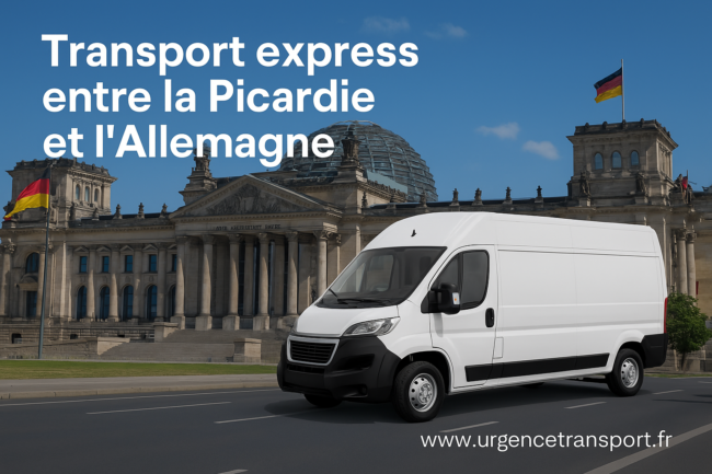 Camion transportant des colis, palettes et engins entre la Picardie et l'Allemagne, avec texte en petit du nom de domaine www.UrgenceTransport.fr