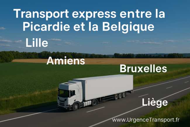 Camion transportant des colis, palettes et engins entre la Picardie et la Belgique, avec texte en petit du nom de domaine www.UrgenceTransport.fr