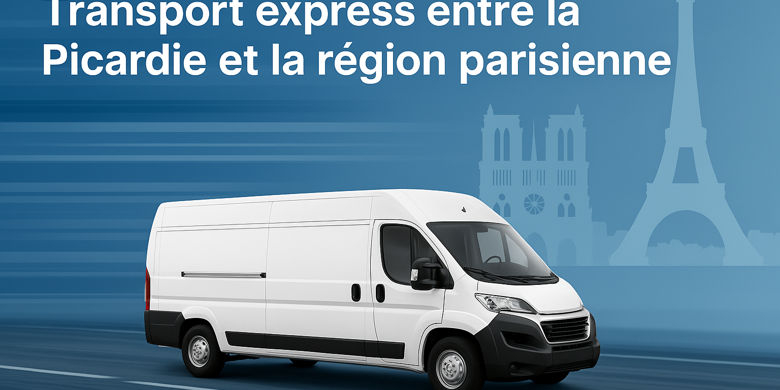 Camion transport express sur une route entre la Picardie et Paris, avec les villes de Saint-Quentin, Amiens, Paris et Versailles en arrière-plan, texte avec le nom de domaine www.UrgenceTransport.fr