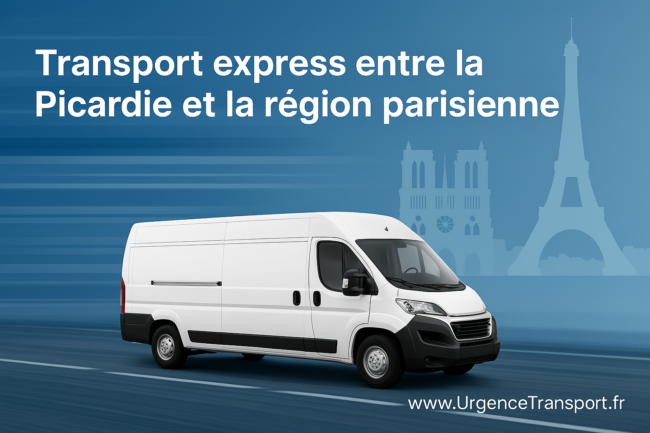 Camion transport express sur une route entre la Picardie et Paris, avec les villes de Saint-Quentin, Amiens, Paris et Versailles en arrière-plan, texte avec le nom de domaine www.UrgenceTransport.fr