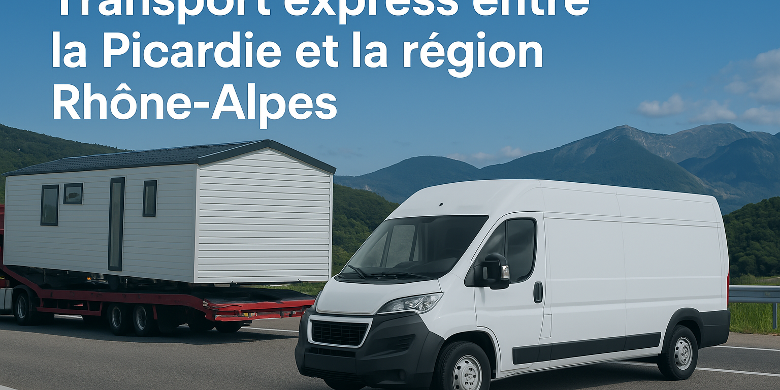 Camion transportant des colis, palettes et engins entre la Picardie et la région Rhône-Alpes, avec texte en petit du nom de domaine www.UrgenceTransport.fr