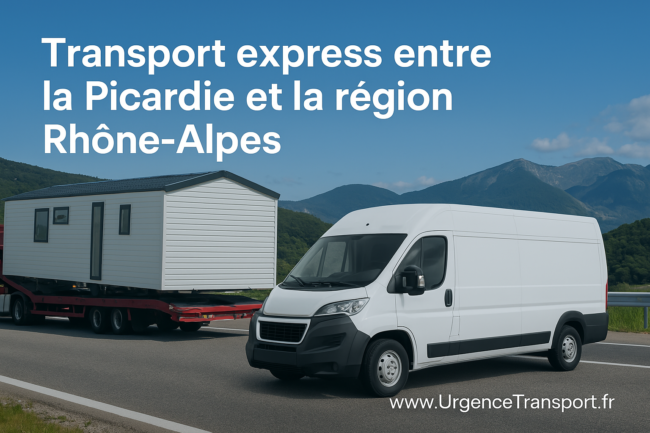 Camion transportant des colis, palettes et engins entre la Picardie et la région Rhône-Alpes, avec texte en petit du nom de domaine www.UrgenceTransport.fr