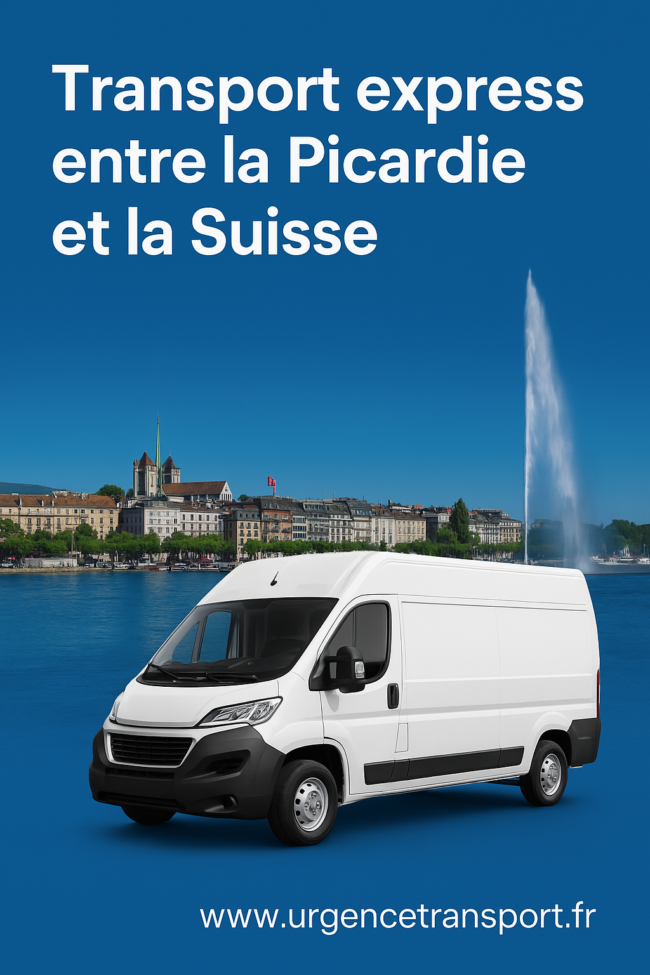 Camion transportant des colis, palettes et engins entre la Picardie et la Suisse, avec texte en petit du nom de domaine www.UrgenceTransport.fr