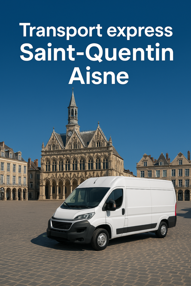 Transport express à Saint-Quentin, avec texte superposé 'Transport express Saint-Quentin Aisne' sur fond dynamique
