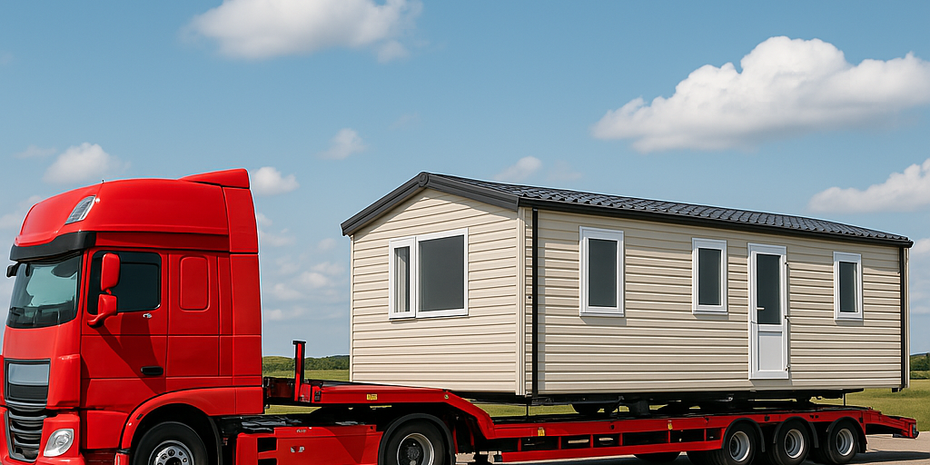 Camion rouge transportant un mobil-home sur une remorque à travers un paysage ensoleillé