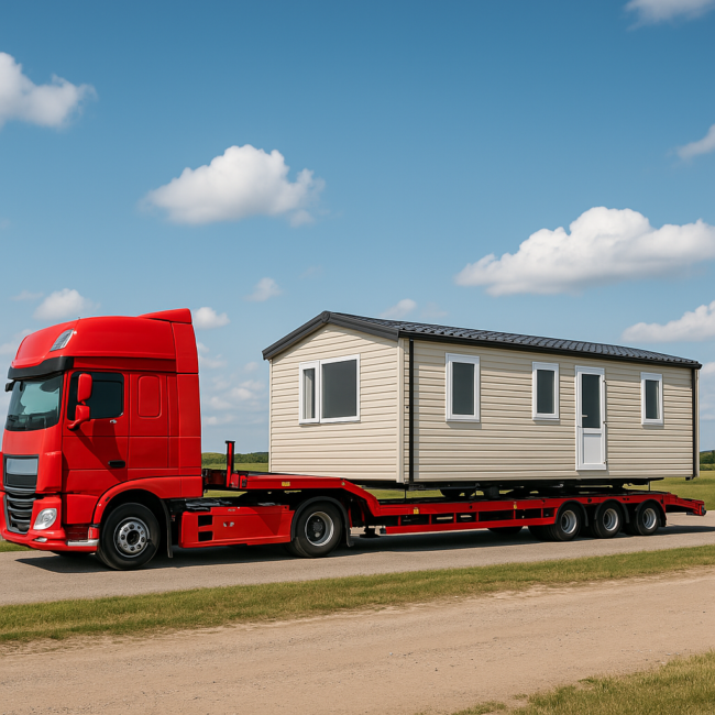 Camion rouge transportant un mobil-home sur une remorque à travers un paysage ensoleillé