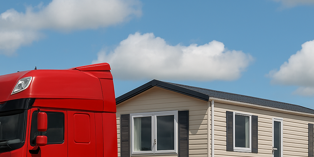 Camion transportant un mobil-home avec le texte 'Transport urgent mobil-home Landes' superposé