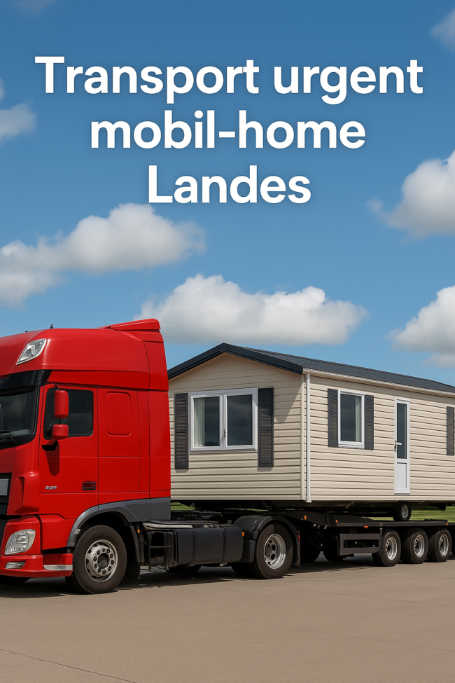 Camion transportant un mobil-home avec le texte 'Transport urgent mobil-home Landes' superposé