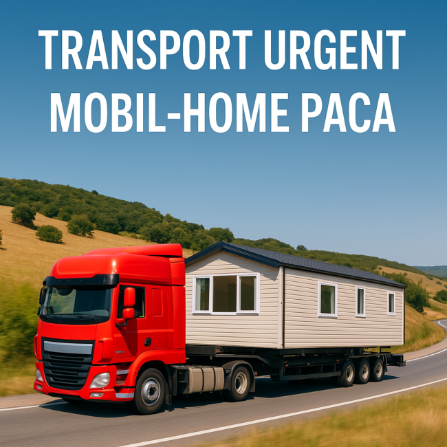 Camion transportant un mobil-home, avec le texte 'Transport urgent mobil-home PACA' superposé