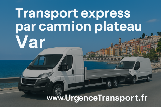 Camion plateau transportant des matériaux de construction, des engins de chantier, et du fourrage (foin, paille, luzerne) dans le Var, avec le texte 'Transport express par camion plateau dans le Var' et le nom de domaine www.UrgenceTransport.fr.