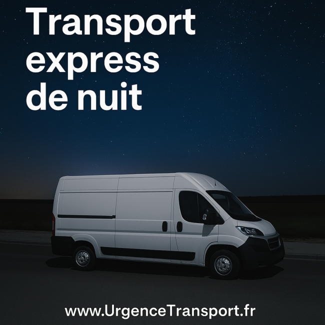 Camion express transportant des colis la nuit entre des grandes villes comme Paris, Lyon, et Bruxelles. Le texte 'Transport express de nuit' et le nom de domaine www.UrgenceTransport.fr.