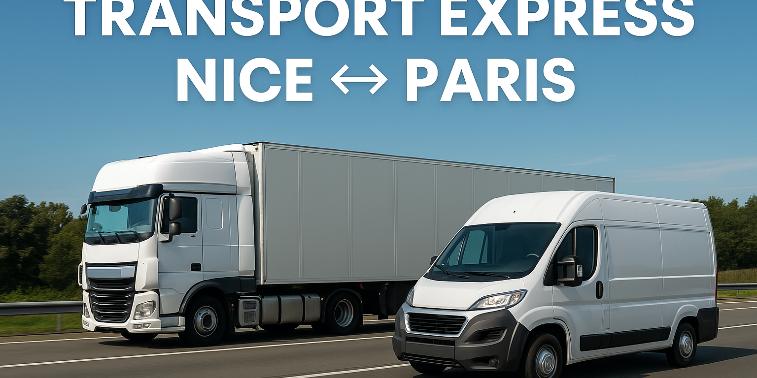 Semi-remorque et petit camion fourgon côte à côte, illustrant les deux types de transport utilisés entre Nice et Paris. Le semi-remorque transporte des matériaux lourds et le camion fourgon des colis, avec le texte 'Transport express Nice ↔ Paris' et le nom de domaine www.UrgenceTransport.fr.