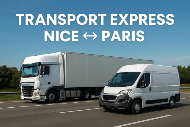 Semi-remorque et petit camion fourgon côte à côte, illustrant les deux types de transport utilisés entre Nice et Paris. Le semi-remorque transporte des matériaux lourds et le camion fourgon des colis, avec le texte 'Transport express Nice ↔ Paris' et le nom de domaine www.UrgenceTransport.fr.