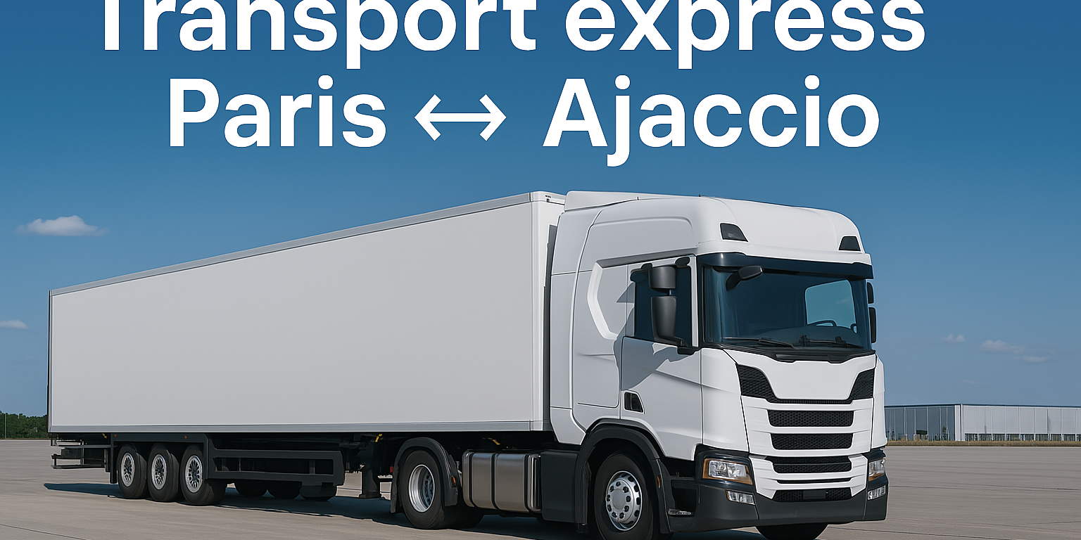 Camion transportant des colis et des matériaux lourds entre Paris et Ajaccio, avec un fond dynamique illustrant la route entre les deux villes. Le texte 'Transport express Paris ↔ Ajaccio' et le nom de domaine www.UrgenceTransport.fr.