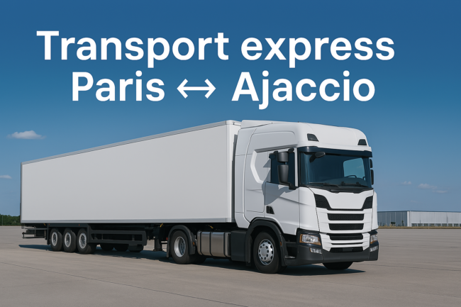 Camion transportant des colis et des matériaux lourds entre Paris et Ajaccio, avec un fond dynamique illustrant la route entre les deux villes. Le texte 'Transport express Paris ↔ Ajaccio' et le nom de domaine www.UrgenceTransport.fr.