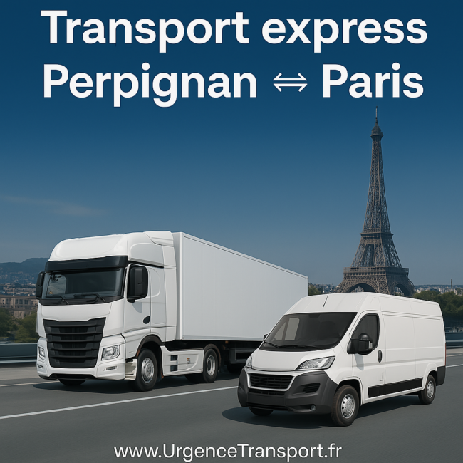 Poids lourd et camion léger (type fourgon) côte à côte, illustrant les deux types de transport utilisés entre Perpignan et Paris. Le poids lourd transporte des matériaux lourds et le camion léger des colis. Le texte 'Transport express Perpignan ↔ Paris' et le nom de domaine www.UrgenceTransport.fr.