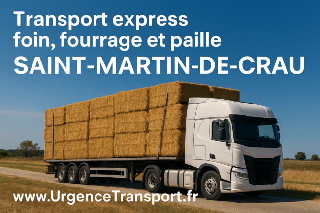Camion poids lourd transportant du foin de Crau AOC, du fourrage et de la paille entre Saint-Martin-de-Crau et diverses destinations en France et en Europe, avec le texte 'Transport express foin de Crau, fourrage et paille' et le nom de domaine www.UrgenceTransport.fr.